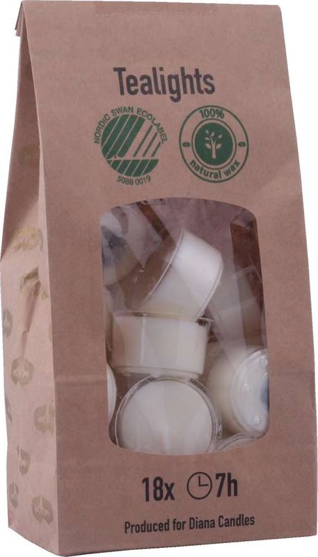 Telys, 18pk, 7t, svanemerket, natur voks, hvit